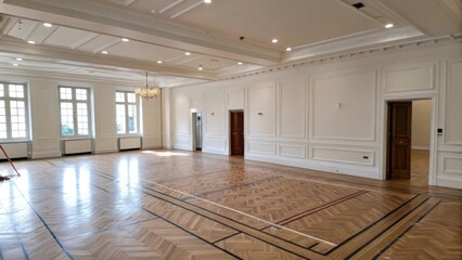 Poster - An empty room with freshly painted walls and a floor devoid of any obstacles highlighting the clean expanse prepared for the new parquet.