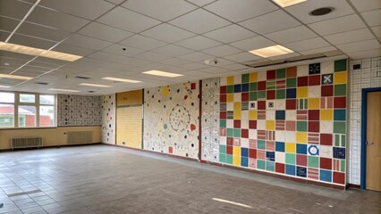 Poster - An empty room with a main wall coated in robust adhesive surrounded by tered tiles of various sizes and colors setting the stage for a lively design.