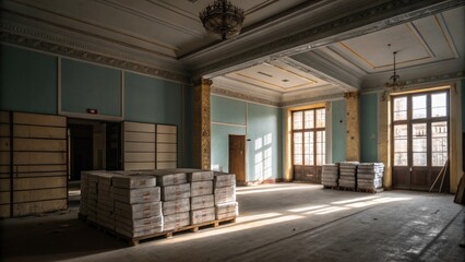 Poster - An empty room with dim lighting where several stacks of insulated packages create a contrast against the faintly painted walls suggesting renovation work ahead.