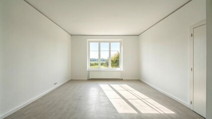 Fototapete - An empty room characterized by stark white walls and a smooth lightcolored floor with a single window providing a bright view of the outdoors.