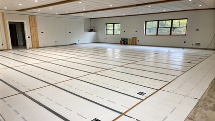 Aufkleber - An empty room showcasing a freshly laid subfloor featuring clean lines and a pristine surface ready for the installation of stylish flooring.