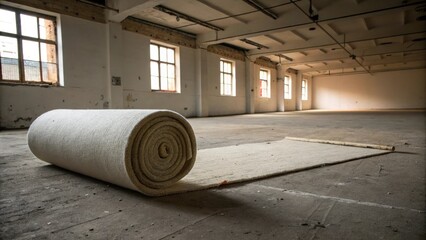 Poster - An empty room showcasing a roll of carpet padding as the sole object its soft texture juxtaposed against a rough concrete floor creating a dynamic visual contrast.