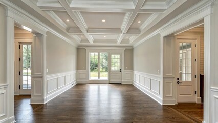 Aufkleber - An entryway showcasing large empty walls with clean molding at the base accompanied by a stark ceiling that accentuates the unpainted edges.