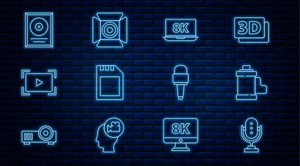 Poster - set line microphone, camera film roll cartridge, laptop with 8k, sd card, online play video, cd disk