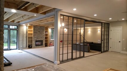 Aufkleber - An entryway featuring the skeletal frame of a glass wall divider with exposed drywall and blinking lights providing a peek into the living area beyond.