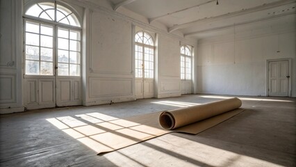 Aufkleber - an empty room with white walls and a single large roll of brown paper floor covering resting against