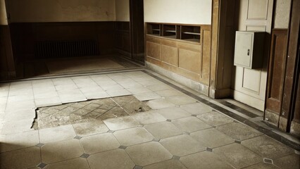 Poster - An entrance hallway with a cracked tile floor a faded coat rack and an empty mailbox waiting for a nameplate signifying a forgotten welcome.