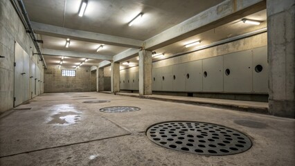 Fototapete - An empty bathroom showcasing a rough raw concrete floor with drainage holes in a semicircle pattern illuminated by overhead lighting.
