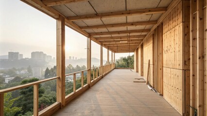 Poster - An elevated balcony showcasing raw unpainted timber supports and partially installed panels shimmering in the soft morning light.
