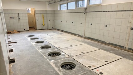 Poster - An empty bathroom space where the tiles have been removed exposing a gray concrete floor and several circular drainage outlets.