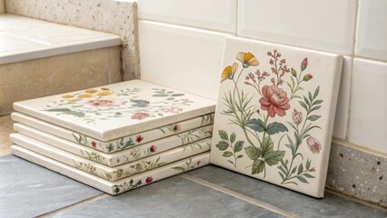 Aufkleber - An elegant stack of floralpatterned tiles resting in a corner bringing a touch of nature indoors with their delicate designs.