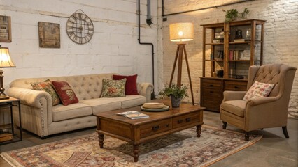 Aufkleber - An eclectic mix of furniture pieces surrounded by exposed brick walls adds a homey feel with a large floor lamp providing soft ambient lighting.