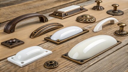 Aufkleber - An eclectic mix of recessed cabinet handles including some in antique bronze and others in glossy white spread out on a rustic wooden table.