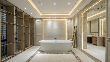 Poster - An elegant alcove housing a newly p bathtub its sheen covered with protective materials while the surrounding walls await their final touches of paint and tile.