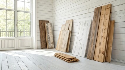 Aufkleber - An eclectic grouping of lumber each plank artisanal and unique in character resting against a bright airy space with whitewashed walls.