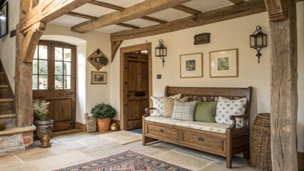 Aufkleber - An eclectic entryway featuring a vintage bench with old wooden beams exposed overhead welcoming guests into the home with character.
