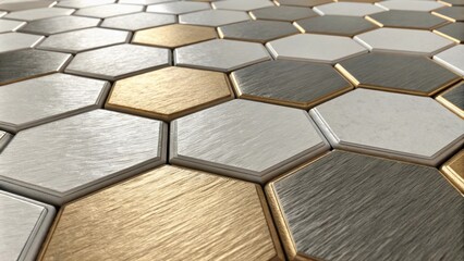 Aufkleber - A neat display of hexagonal tiles with metallic finishes reflecting light slightly as they are arranged in a symmetrical pattern creating a sense of depth.