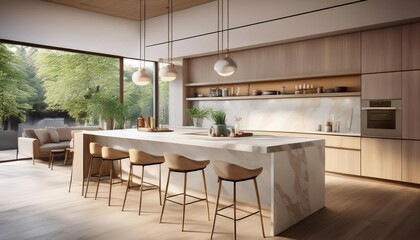 Wall Mural - 3d illustration this image showcases a modern minimalist kitchen with a large kitchen island and stools a light wood and marble design and an open airy feel