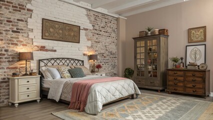 Poster - An eclectic bedroom includes a feature wall crafted from a mix of old and new bricks harmonizing beautifully with soft bedding and vintageinspired decor.