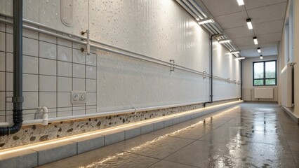 Aufkleber - A neatly finished segment of a wall in a bathroom showcasing the sleek surface of the waterproof membrane glistening under soft lighting with pipes and fixtures partially visible.