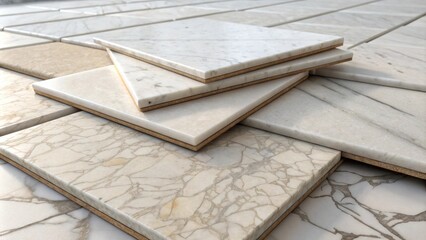 Aufkleber - An artistic perspective showing a pile of marble tiles with one tile slightly tilted revealing its pristine polished surface and natural patterns.