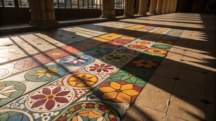 Aufkleber - An artistic shot capturing a vibrant array of colorful tile spacers spread out across a sunlit floor with shadows creating a pattern around them.