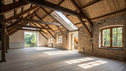 Poster - An artistic loft space showcases a captivating interplay of light and shadows with the raw textures of the exposed beams contrasting elegantly with smooth fresh insulation.