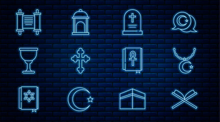 Poster - set line holy book of koran, star and crescent on chain, tombstone with cross, christian, grail chal