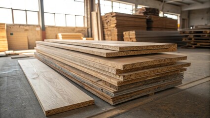 Poster - An artistic arrangement of misaligned laminate boards piled up in a neat heap with grains and textures visible illuminated by a soft diffused light.