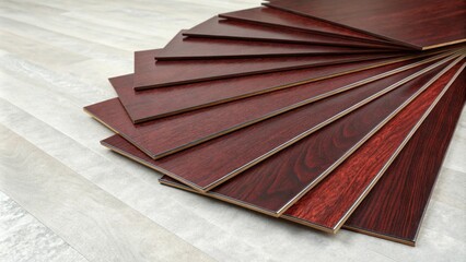 Aufkleber - An artistic arrangement of glossy deep mahogany laminate boards partially fanned out to reveal their smooth surfaces against a soft neutral backdrop.