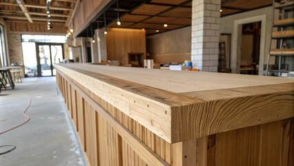 Poster - An artistic angle focusing on the unfinished bar counters edge highlighting the contrast between the smooth wood surface and the rough building materials surrounding it.