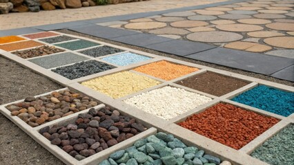 Leinwandbilder - An artistically tered assortment of aggregate samples on the ground each displaying a different color and texture preparing for the terrazzo blend.