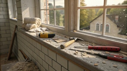 Aufkleber - An artistic angle focuses on a window sill surrounded by tools with fresh grout peeking out of the edges illustrating the ongoing renovation process.