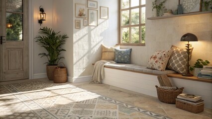 Aufkleber - An artfully staged shot of the underlayment in a corner of a cozy nook where natural light casts shadows hinting at future tile designs that will enhance the ambiance.