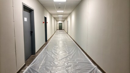 Aufkleber - A narrow corridor where light gray paint extends down the floor covered by a translucent plastic sheet that clings to the edges.