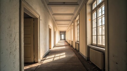 Aufkleber - A narrow hallway with a cascade of removed baseboards lining the edges emphasizing the dimensionality of the space as sunlight filters through the windows.