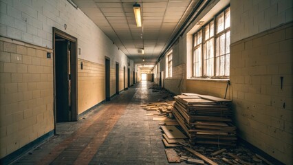 Aufkleber - A narrow corridor lined with a growing mountain of abandoned laminate flooring casting long shadows under the overhead lights as if waiting for a new purpose.