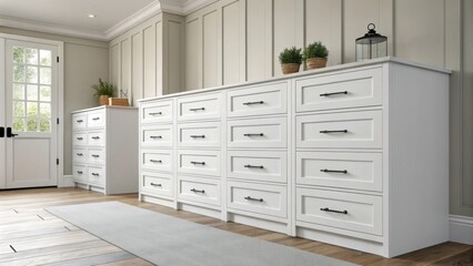 Aufkleber - An array of cabinetry drawers finished in a matte white arranged in a clean and orderly fashion on the floor with a backdrop of freshly painted walls.