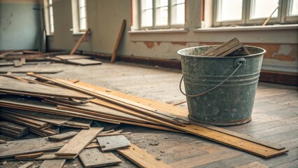 Poster - An angled shot showing a chaotic heap of laminate flooring that spills over the edge of an old bucket suggesting neglect and the remnants of an ambitious renovation project.