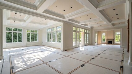 Aufkleber - An angle shot of a room with seamless drywall pristine floors ready for parquet and an array of natural lighting accentuating the clean surfaces.