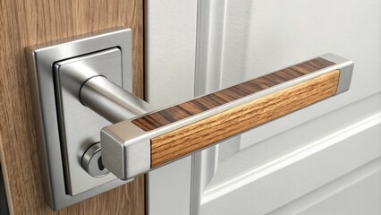 Poster - An aluminum door handle with a wood veneer inlay bridging natural materials with modern design suitable for an ecofriendly renovation theme.