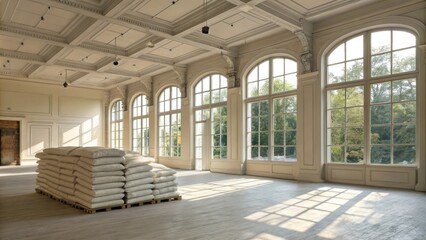 Aufkleber - An airy space with vaulted ceilings and large windows filled with natural light where neatly arranged stacks of insulation create a focal point amidst the emptiness.