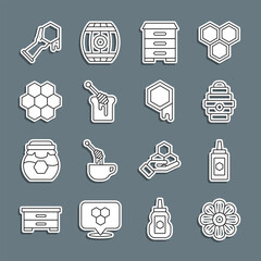 Poster - set line flower, jar of honey, hive for bees, honey dipper stick with, honeycomb, and hand and icon.