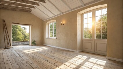 Leinwandbilder - An airy and bright room with soft beige walls and an unfinished floor where sunlight reflects off the surfaces creating a warm glow around the single window.
