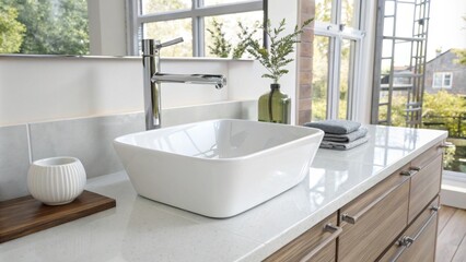 Aufkleber - An airy bright space with a white porcelain sink mounted on a sleek laminated countertop showcasing polished chrome pipes that contrast with the smooth surface.