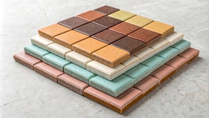 Poster - An aerial shot of a carefully arranged stack of square tiles in various shades showcasing a harmonious blend of earth tones and pastel accents.