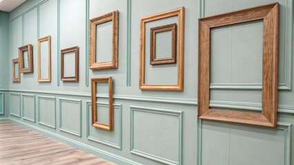 Poster - A muted pastel wall adorned with wooden framed moldings each panel slightly different in size creating a visually interesting display.