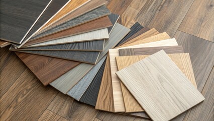 Aufkleber - An aerial view capturing the contrasting colors of laminate boardscharcoal gray soft beige and light mapleall stacked haphazardly on a wooden surface.