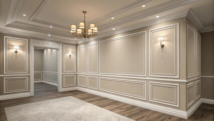 Fototapete - A muted color palette outlines an empty corner where a delicate piece of crown molding awaits final adjustments enhancing the rooms architectural details.