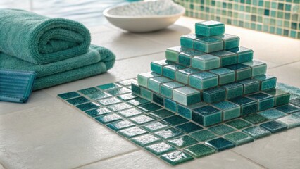 Poster - A mountain of shimmering glass tiles reflecting light ranging from deep green to aqua resting on a cool tiled floor ready to enhance a luxurious spalike bathroom.